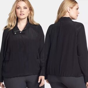 Eileen Fisher Black Project Jacket Stand Collar
100% Silk Crepe Size xl Full Zip